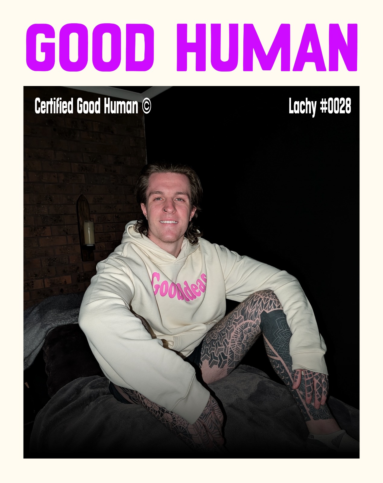 Lachy wearing the ecru Good Ideas hoodie — Good Human #028